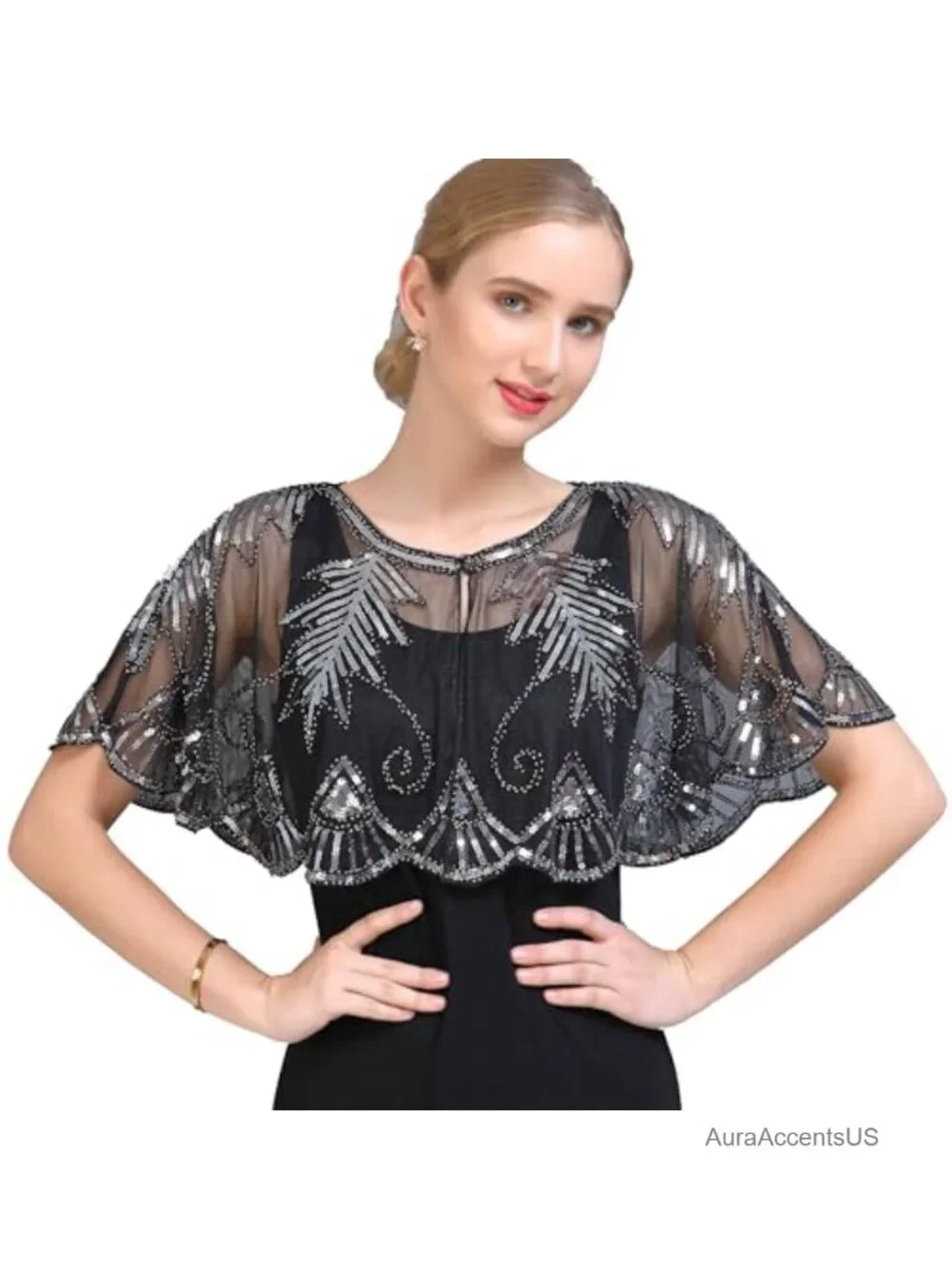 Sequin Lace Evening Shawl 1920s Flapper Cover Up Bridal Cape